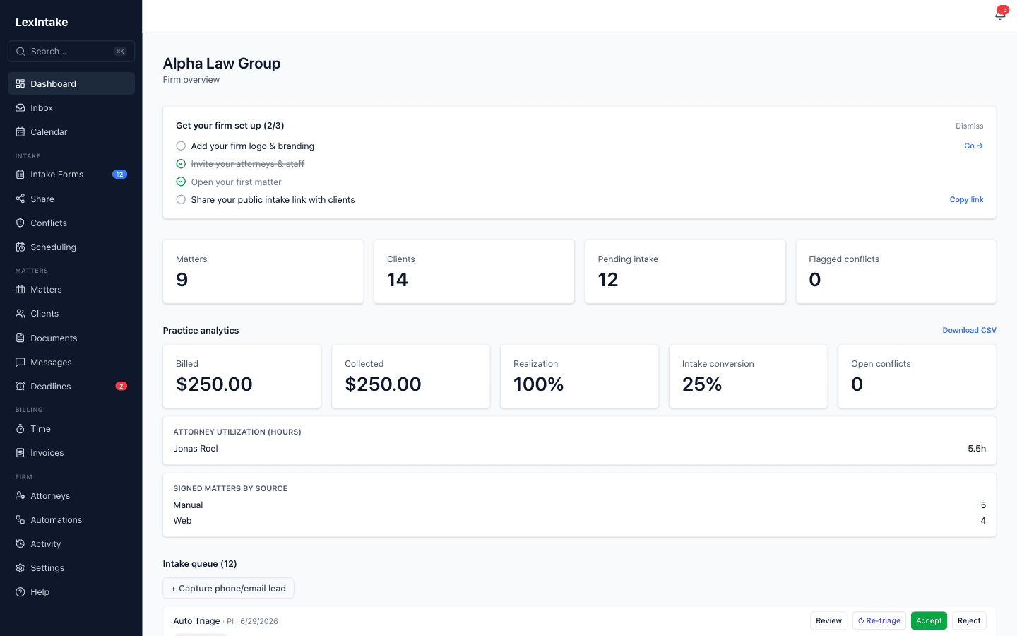 LexIntake firm dashboard
